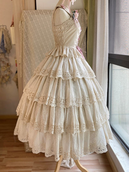 Beige Multi-layer Ruffles Elegant Lolita Skirt Floral Embroidery Details - Miss Point