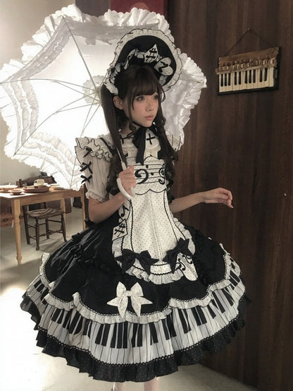 Note-Embroidered JSK with Apron and Bow Train - Alice in Wonderland Lolita