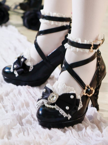 Ornate - Lolita Hime-Kei Heels Black Bow Beaded