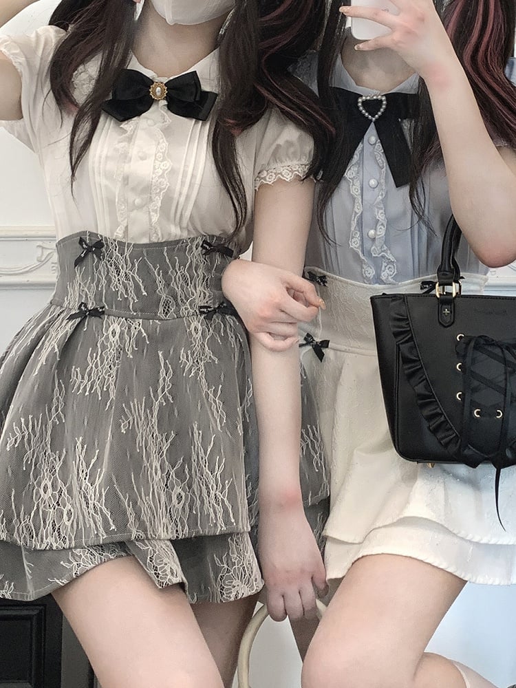 Kurzarmbluse Peter Pan Kragen Jirai Kei Schwarz/Pink/Blau/Weiß