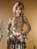 Ärmel Top Print Schlangenhaut Glocke Muster Design Wasteland Brown Punk
