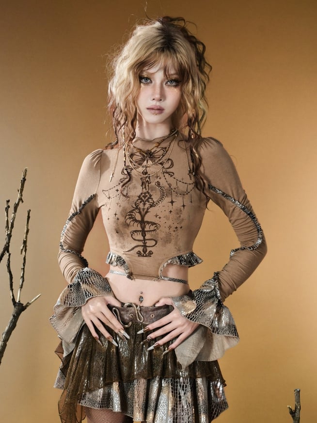 Ärmel Top Print Schlangenhaut Glocke Muster Design Wasteland Brown Punk