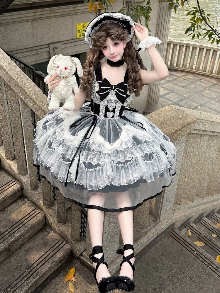 Decorated Lolita JSK with Bow Train and Overlay - Ling Yue You Xin