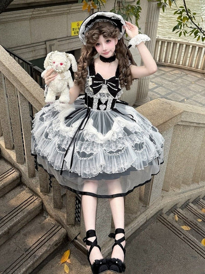 Decorated Lolita JSK with Bow Train and Overlay - Ling Yue You Xin