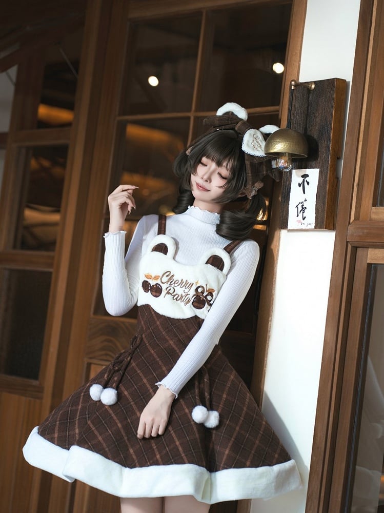 Süß mit Kirsch-Pom-Poms kariertes braunes Kleid für Herbst und Winter Lolita