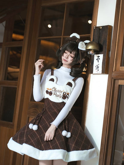 Sweet with Cherry Pom-Poms Plaid Brown Dress for and Autumn Embroidered Winter Lolita