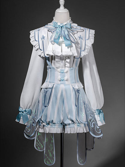 White & Blue Long Sleeves Ouji Style Lolita Shirt + Striped Lolita Suspender Bloomer Shorts with Angel Wing Train Set - Unknown Star