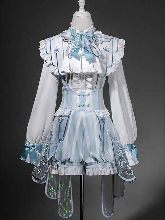 White & Blue Long Sleeves Ouji Style Lolita Shirt + Striped Lolita Suspender Bloomer Shorts with Angel Wing Train Set - Unknown Star
