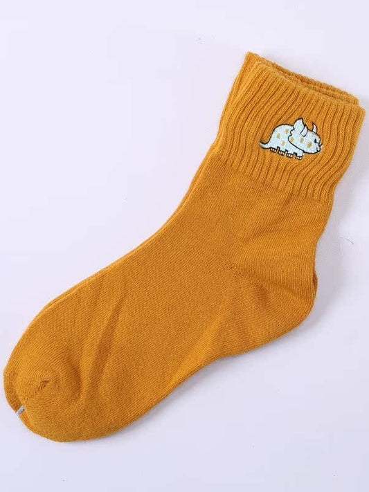 Caramel/White/Black Cute Rhino Embroidered Calf Socks