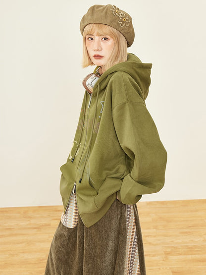 Print Zip Olive Hoodie Placket Kawaii Hood - Drawstring Green Letter Two-way