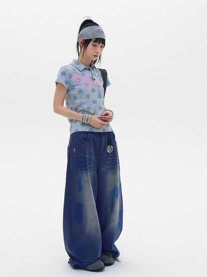 Blue Polka Dot Polo Shirt with Letter Print - innomoood