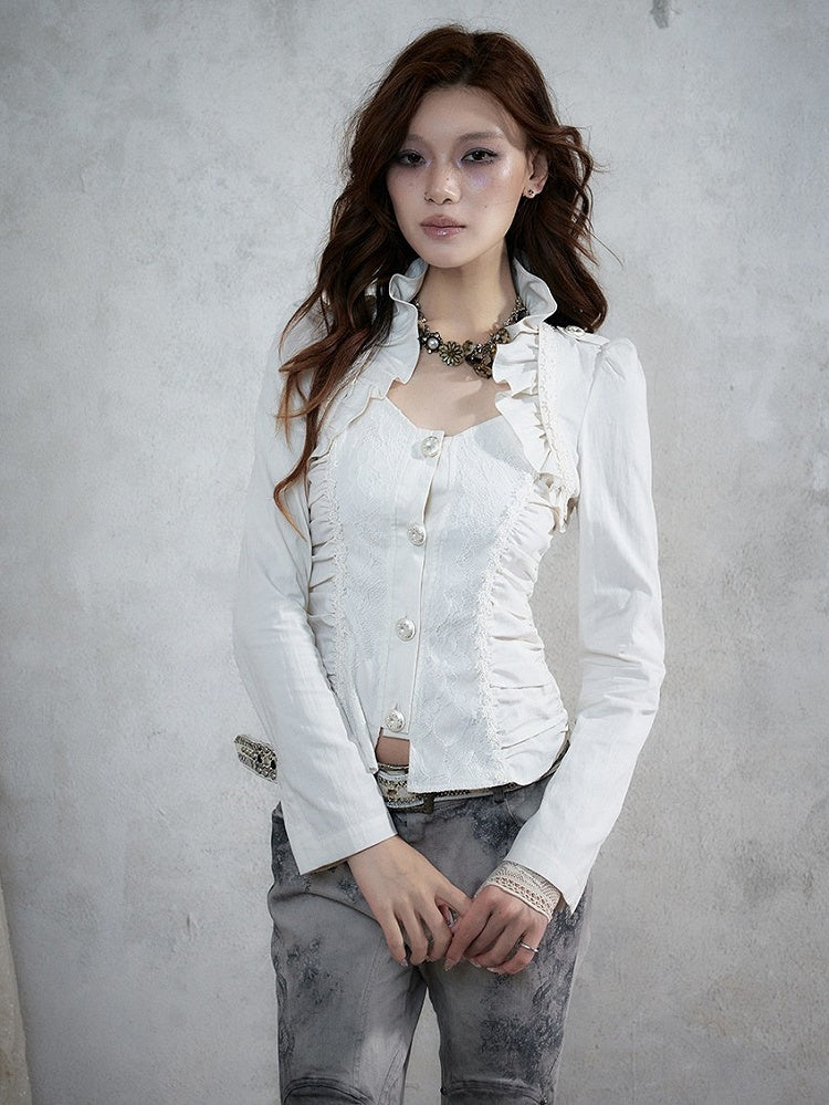 Rococo Punk White Faux Two-Piece Long Sleeve Blouse with Lace and Ruffle Trim - NO ROMANCE