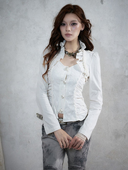 Rococo Punk White Faux Two-Piece Long Sleeve Blouse with Lace and Ruffle Trim - NO ROMANCE