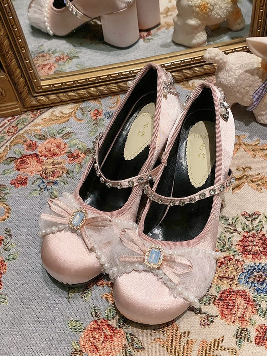 High-heel Sweet Mary Bow Accents Dark Pink Details Rhinestones Lolita with Jane Shoes