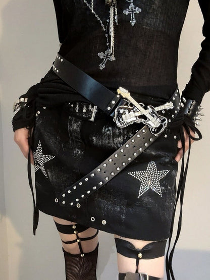 White/Black Leather Guitar Belt