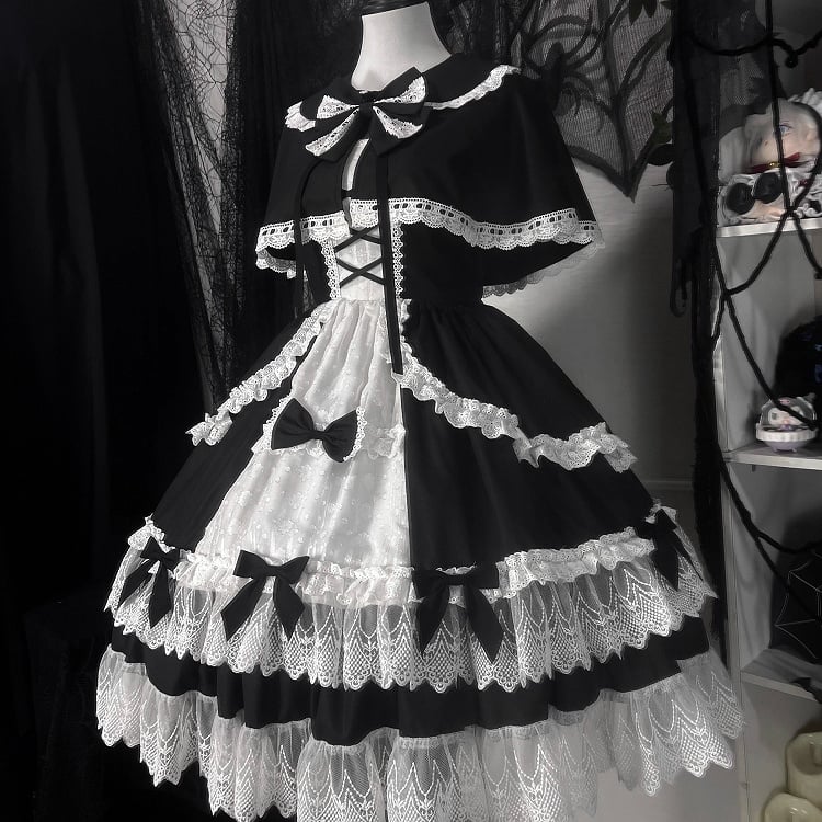 Schwarz-weißes Old School Lolita Fashion Kleid Bowknot Lolita JSK Set