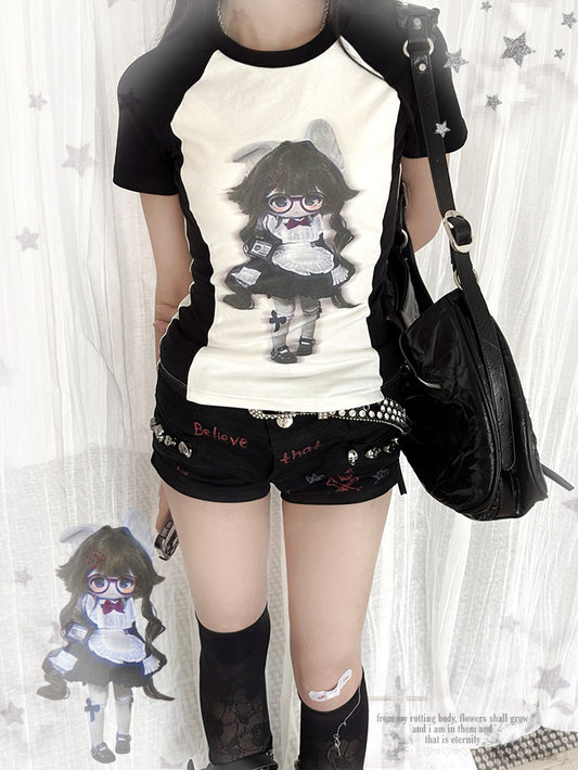 ホワイトカラーブロックデザインブラックアニメガールプリントTシャツと
