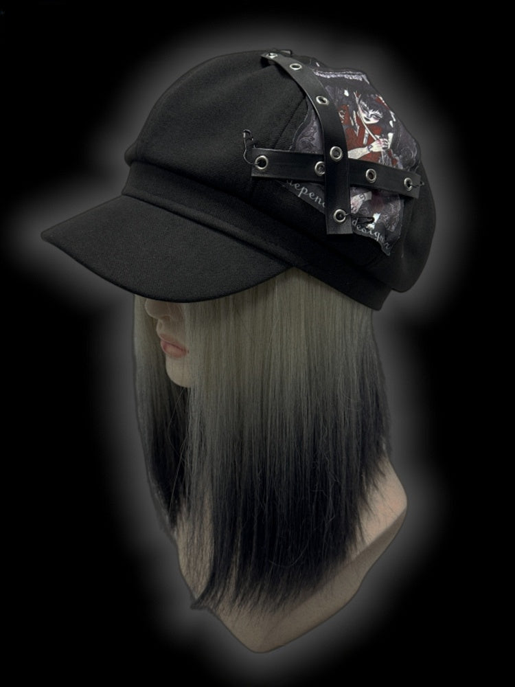 Y2K Black Criss-cross Straps Goth Girl Applique Punk Beret