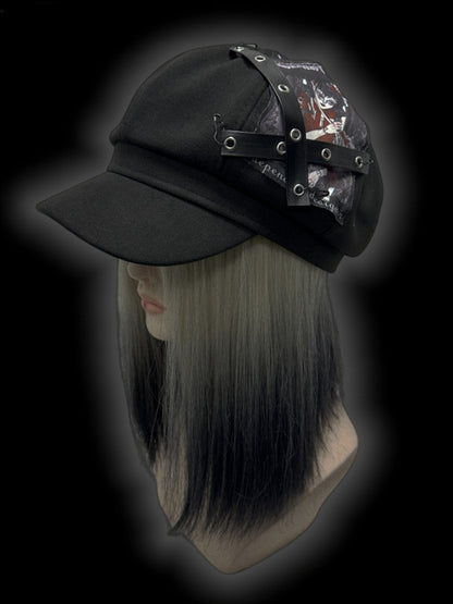 Y2K Black Criss-cross Straps Goth Girl Applique Punk Beret