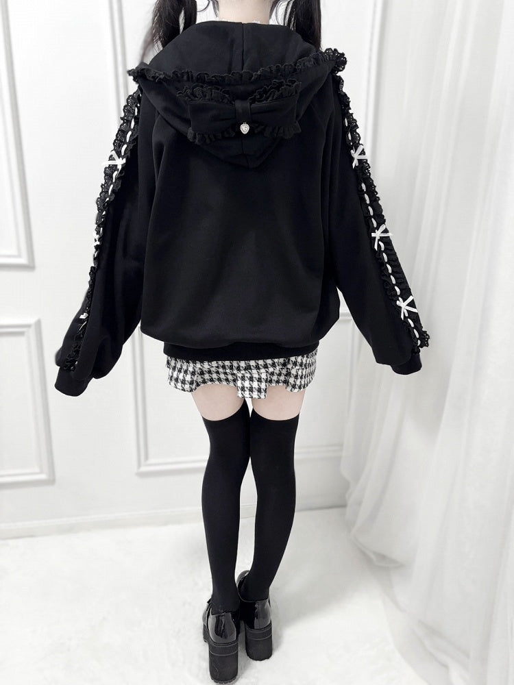Perforated Jirai Kei Black/White Hoodie Bead-Embellished Bow Jacket: Pockets Sleeve with