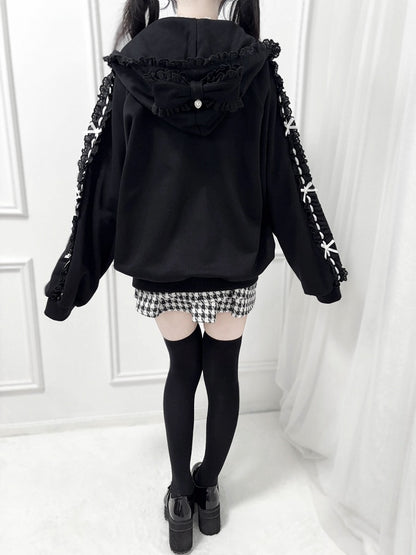 Perforated Jirai Kei Black/White Hoodie Bead-Embellished Bow Jacket: Pockets Sleeve with
