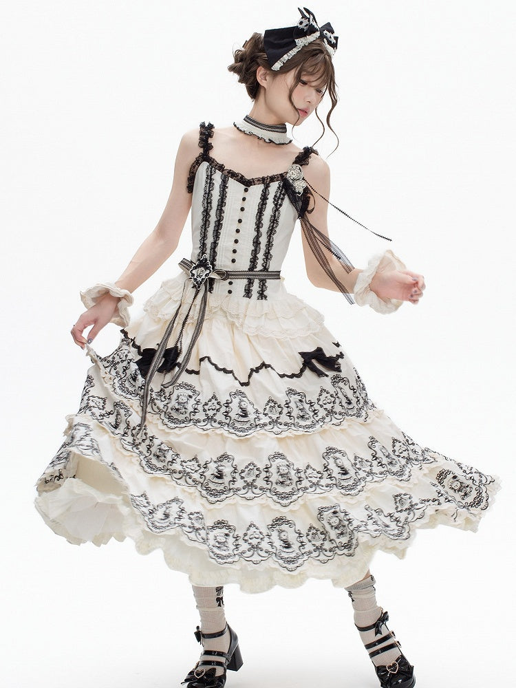 White Layered with Scalloped Black Set Rabbit Trim Skirt Top Pattern Camisole + Lolita Edge Elegant