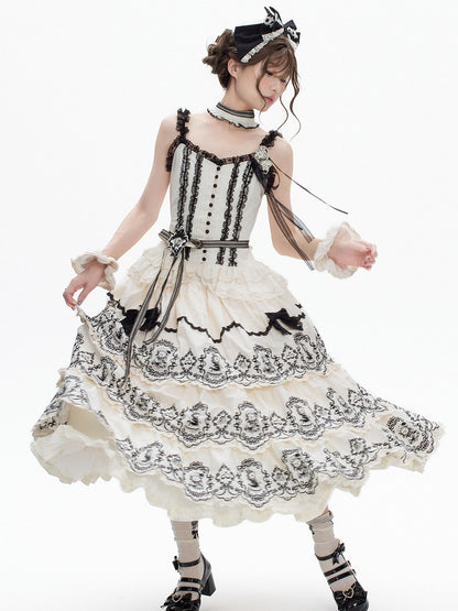 White Layered with Scalloped Black Set Rabbit Trim Skirt Top Pattern Camisole + Lolita Edge Elegant