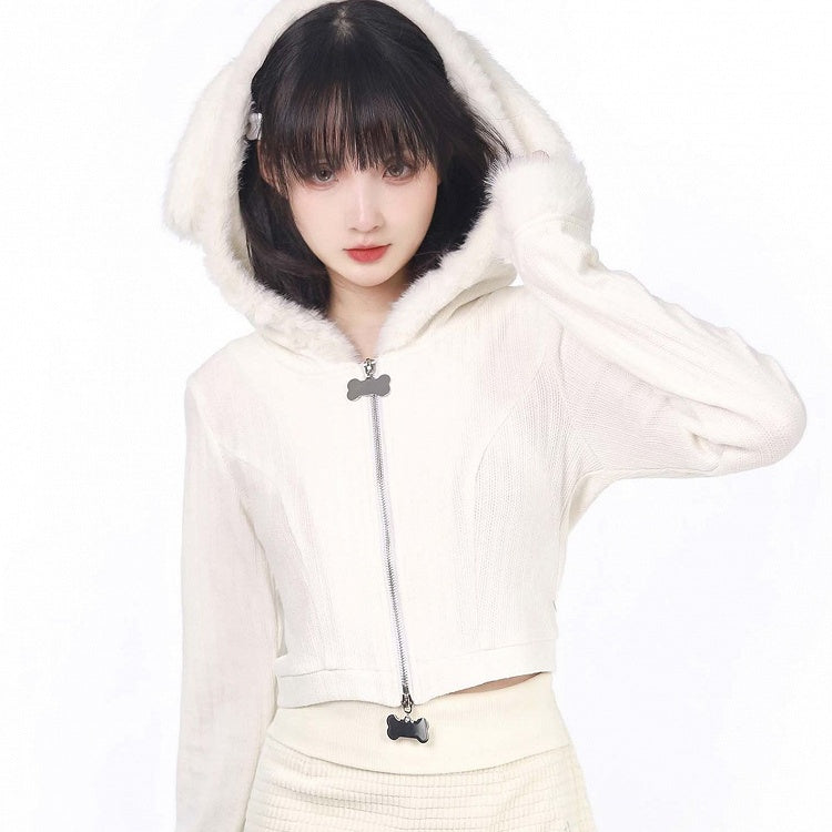 カーディガン パピーイヤー フード付き ホワイト プラッシュ