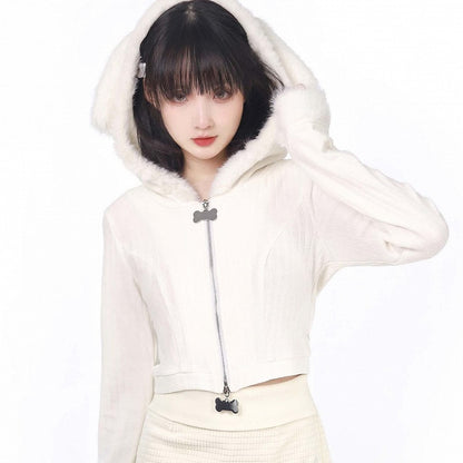 カーディガン パピーイヤー フード付き ホワイト プラッシュ