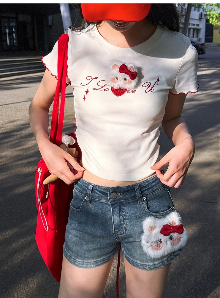 愛らしいキティのぬいぐるみ付きライズデニムショートパンツ ブルー ローカット