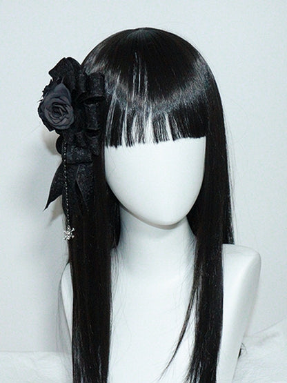 Lolita Design Floral And Black with Skeleton Beaded Hairclip/Brooch Gothic Bow Charm
