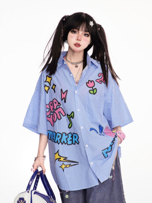 ヴィンテージ刺繍ブルーストライプシャツ 半袖