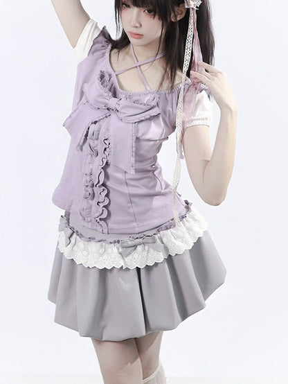 Dusty Purple Halter Ruffle Bow Top - PINK SAVIOR