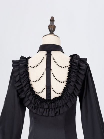 All Black Lace-up Ruffled V-neck Long Sleeves Backless Shirt - DevilInspired Exclusive Collection