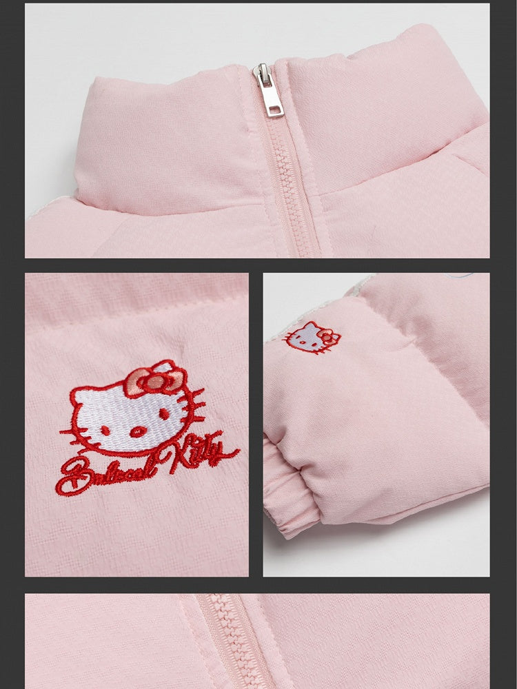 ホワイト/ピンクのキティ刺繍ハイネックパファージャケット