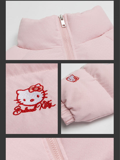 ホワイト/ピンクのキティ刺繍ハイネックパファージャケット