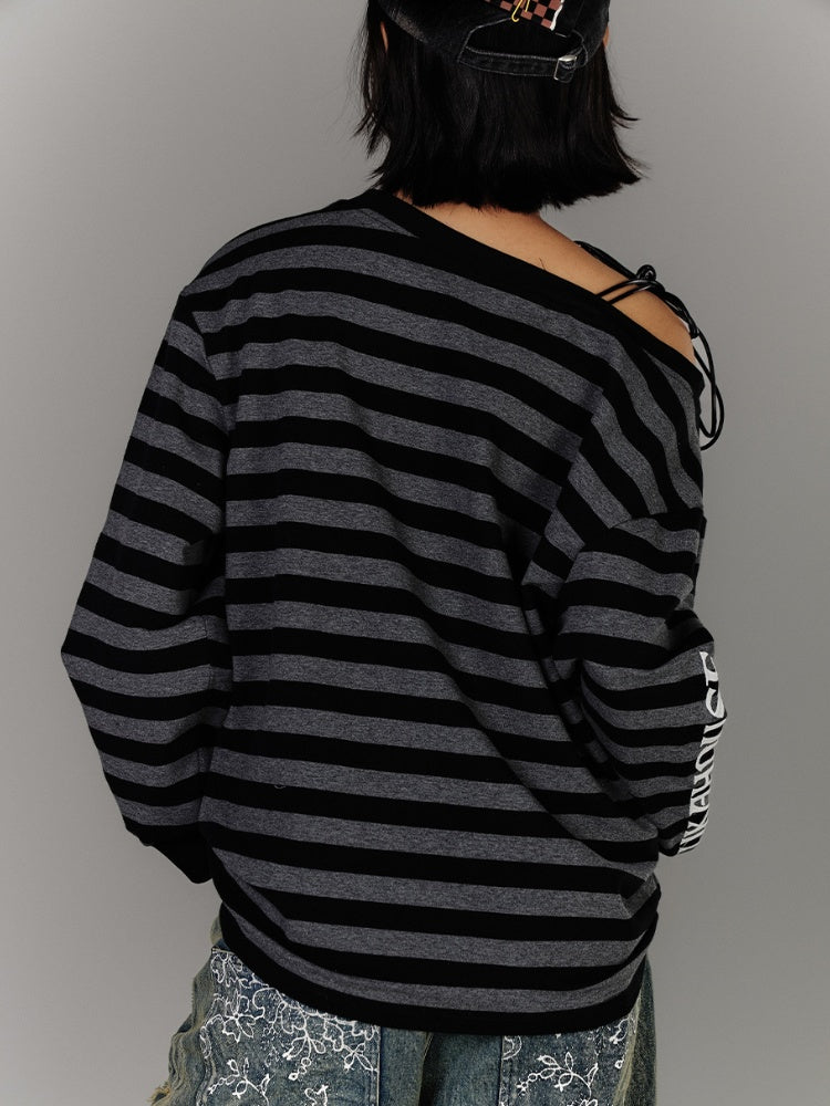 Schwarz-graues Streifen-Applikationsdesign, asymmetrischer Ausschnitt, Kordelzug, Punk-Top