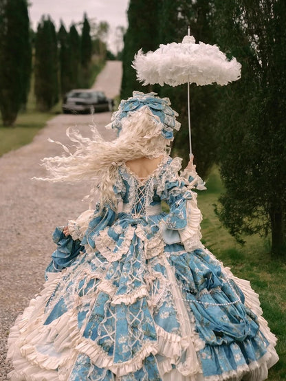 with Sleeves Sweetheart and Ruffle Layers Bell Applique Gorgeous Blue Gown Hime Lolita Beaded Lace