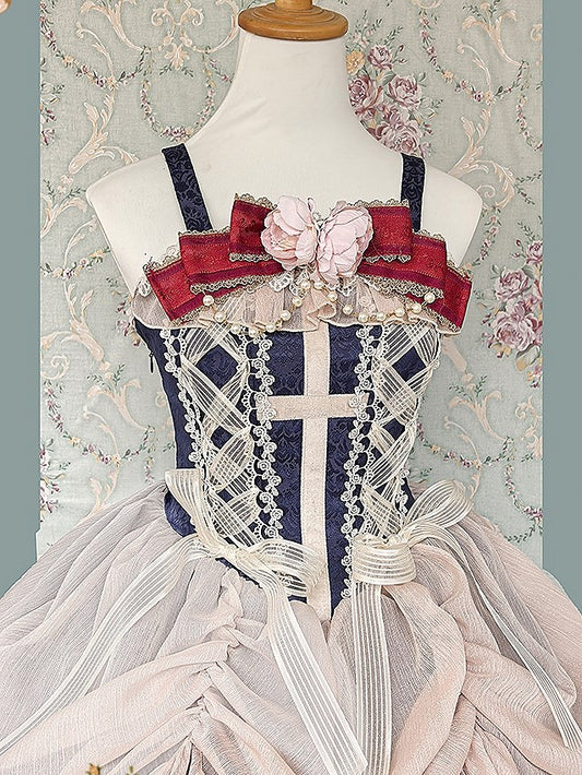 with and Bow Brooch Bead Red/Apricot Lolita Flower Accents