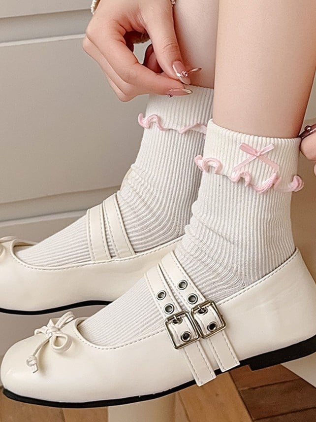 6 Ruffled Contrast Options Trim Ankle Socks Details Color Bowknot
