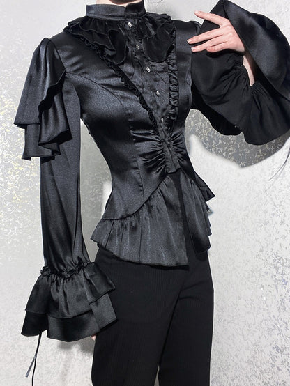Black Shoulder Ruffle Panels Lolita Blouse with Aristocrat Cascading Ouji