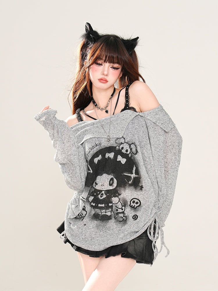 Rebellious Witch Schwarz/Weiß/Grau Ausschnitt Sonne Off-the-Shoulder Schutz Grafik Top