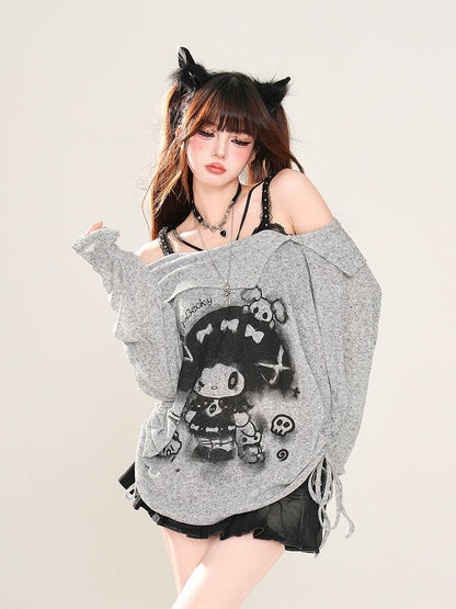 Rebellious Witch Schwarz/Weiß/Grau Ausschnitt Sonne Off-the-Shoulder Schutz Grafik Top