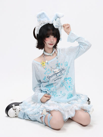 Breathable Sky Blue Cartoon Print Long-Sleeve Tee - CRAZY GIRL