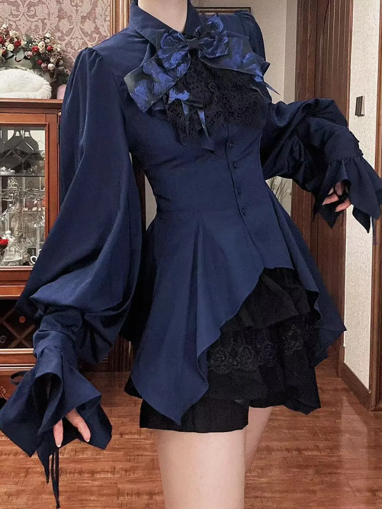 Dark Blue Ouji Lolita Long Sleeves Prince Shirt with Cascading Irregular Hem | Danger Girl
