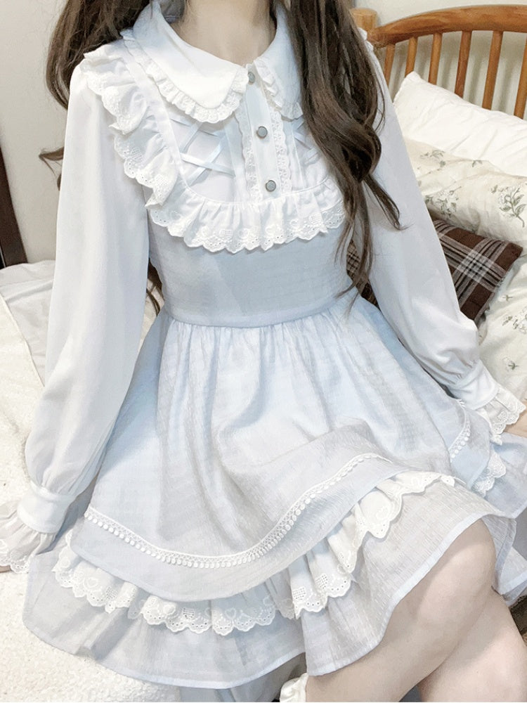 Tenshi Kaiwai Blaues Jirai-Kei-Kleid mit Peter-Pan-Kragen und gerüschtem Spitzenbesatz