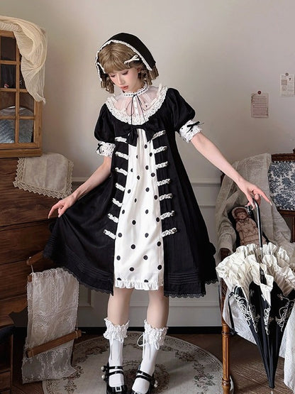 Vintage Gothic Puff Sleeve Lolita Doll Dress with Polka Dot and Lace - Charing Cross