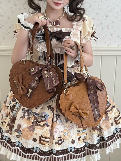 Pattern Accent Heart-shaped Sweet Lolita Style Carry Bag Chocolate Dark Brown - with Bow Triple