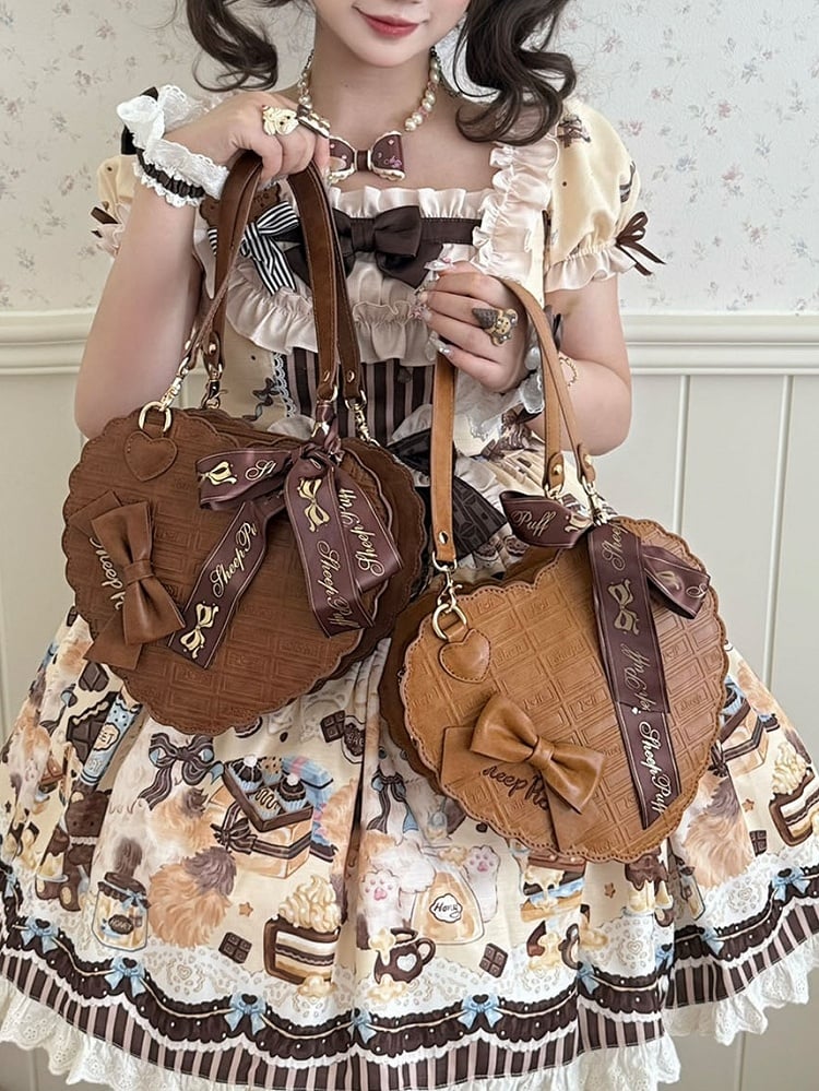 Design Texture Brown Chocolate Light Bow Decorative PU Bag Lolita Sweet Heart Hand/Shoulder/Crossbody with