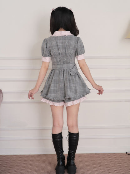 Gray Plaid Dress with Belt and Shorts Set - No Genki